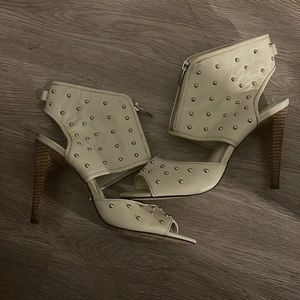 Size 38 leather velvet angels silver studded heels in GUC color Savignon